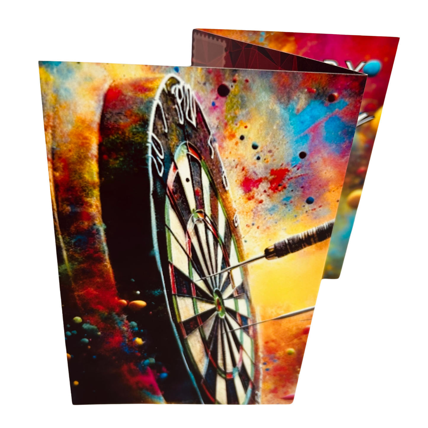 Trifold Darts Birthday Card from the Push the Limit Range. Image shows the folded card depicting front with full sized dart board from a partial side angle, two darts in the board and colouful paint splatters emerging from behind. 