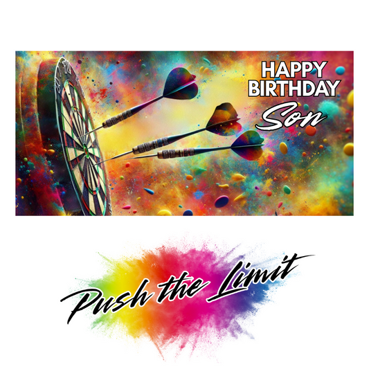 Trifold Darts birthday card for Son featuring darts heading towards a dartboard with rainbow splashes on a vibrant background; no envelope needed, eco-friendly design. Image also shows Bare Cards "Push the Limit" Logo.