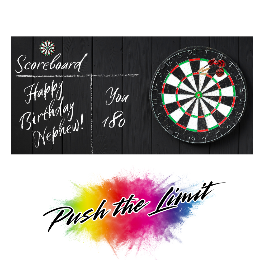 Birthday card for nephew with a dartboard and scoreboard. Trifold Darts birthday card; no envelope needed, eco-friendly design. Image also shows Bare Cards "Push the Limit" Logo.