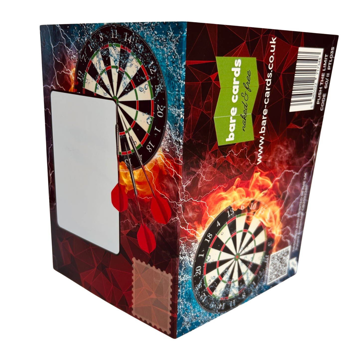 Trifold Darts Birthday Card from the Push the Limit Range. Image shows the two posting covers. The front posting cover to the left shows a Dart Board on a vibrant electric red background and has place to write the name and address of the recipient and an image to show where to put a stamp if needed. The back posting cover also shows the same image  and has the Bare Cards logo and tagline 'Naked and Free'. It also contains the barcode, website address, QR code for instructions, Patent Number and Retail Codes