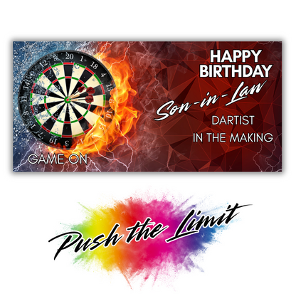 Birthday card for a son-in-law with a dartboard and flames design, featuring text and a colorful splash. Trifold Darts birthday card; no envelope needed, eco-friendly design. Image also shows Bare Cards "Push the Limit" Logo.