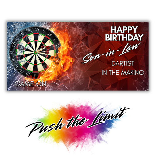 Birthday card for a son-in-law with a dartboard and flames design, featuring text and a colorful splash. Trifold Darts birthday card; no envelope needed, eco-friendly design. Image also shows Bare Cards "Push the Limit" Logo.