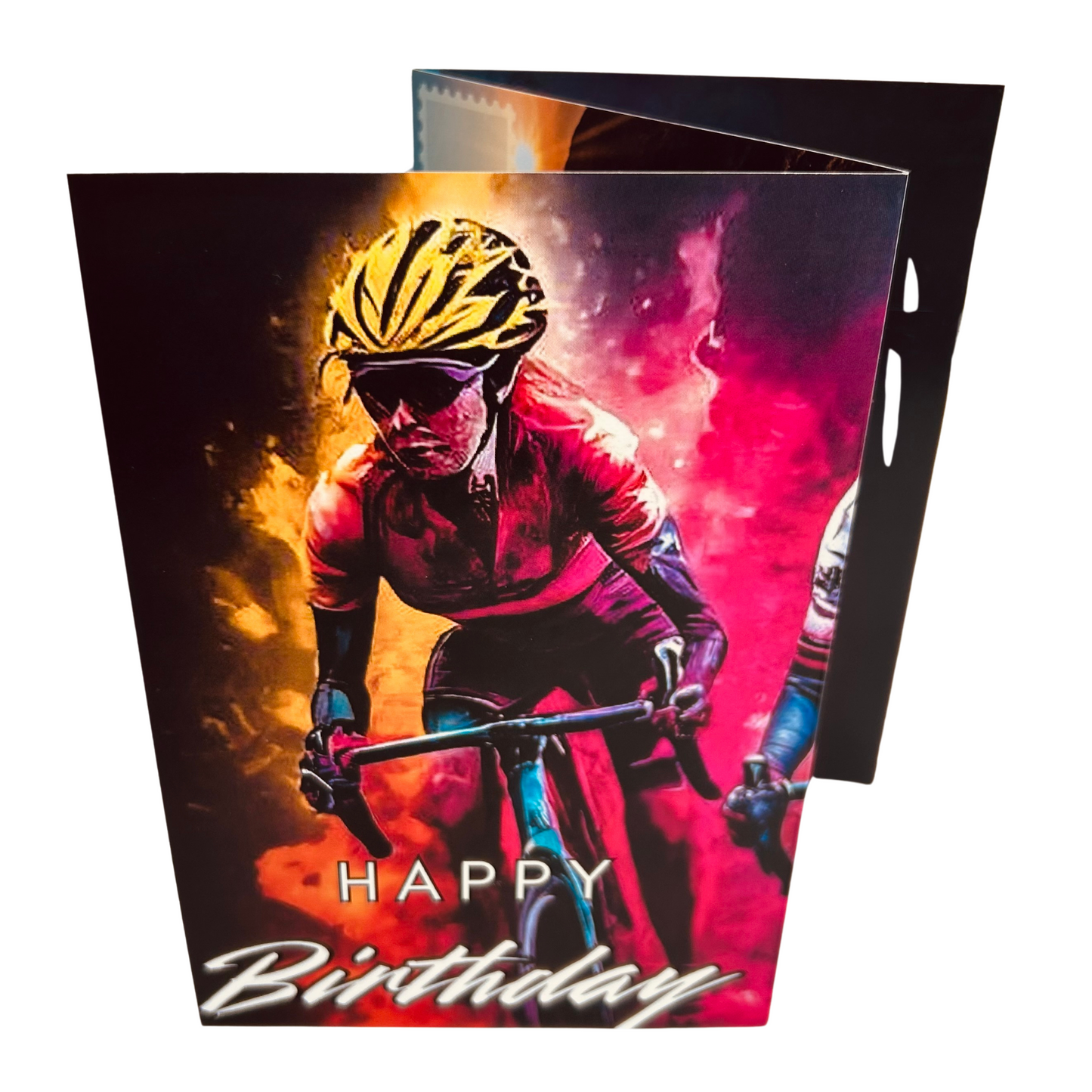 Trifold Female Cycling Birthday Card from the Push the Limit Range. Image shows the folded card depicting front with woman cycling in helmet, goggles and cycling gear on a background of colouful yellow and pink paint splatters. The caption reads 'Happy Birthday'.