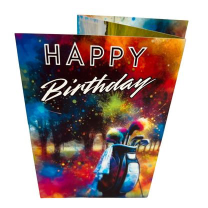 Trifold Female Golf Birthday Card from the Push the Limit Range. Image shows the folded card depicting front with golf bag and a background of trees and colouful paint splatters. The caption reads 'Happy Birthday'.
