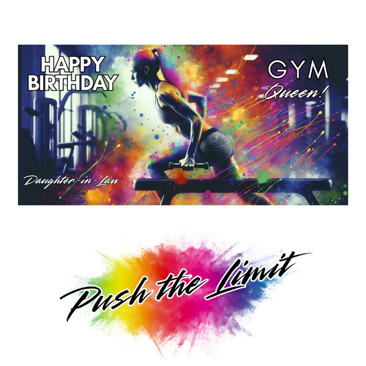 Trifold Gym birthday card for Daughter-in-Law featuring woman working out in the gym with rainbow splashes on a vibrant background; no envelope needed, eco-friendly design. Text on card reads: "Daughter-in-Law Happy Birthday GYM Queen!" Image also shows Bare Cards "Push the Limit" Logo.