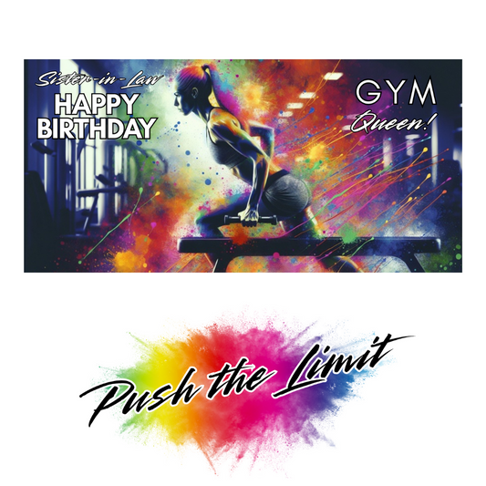 Trifold Gym birthday card for Sister-in-Law featuring woman working out in the gym with rainbow splashes on a vibrant background; no envelope needed, eco-friendly design. Text on card reads: "Sister-in-Law Happy Birthday GYM Queen!" Image also shows Bare Cards "Push the Limit" Logo.