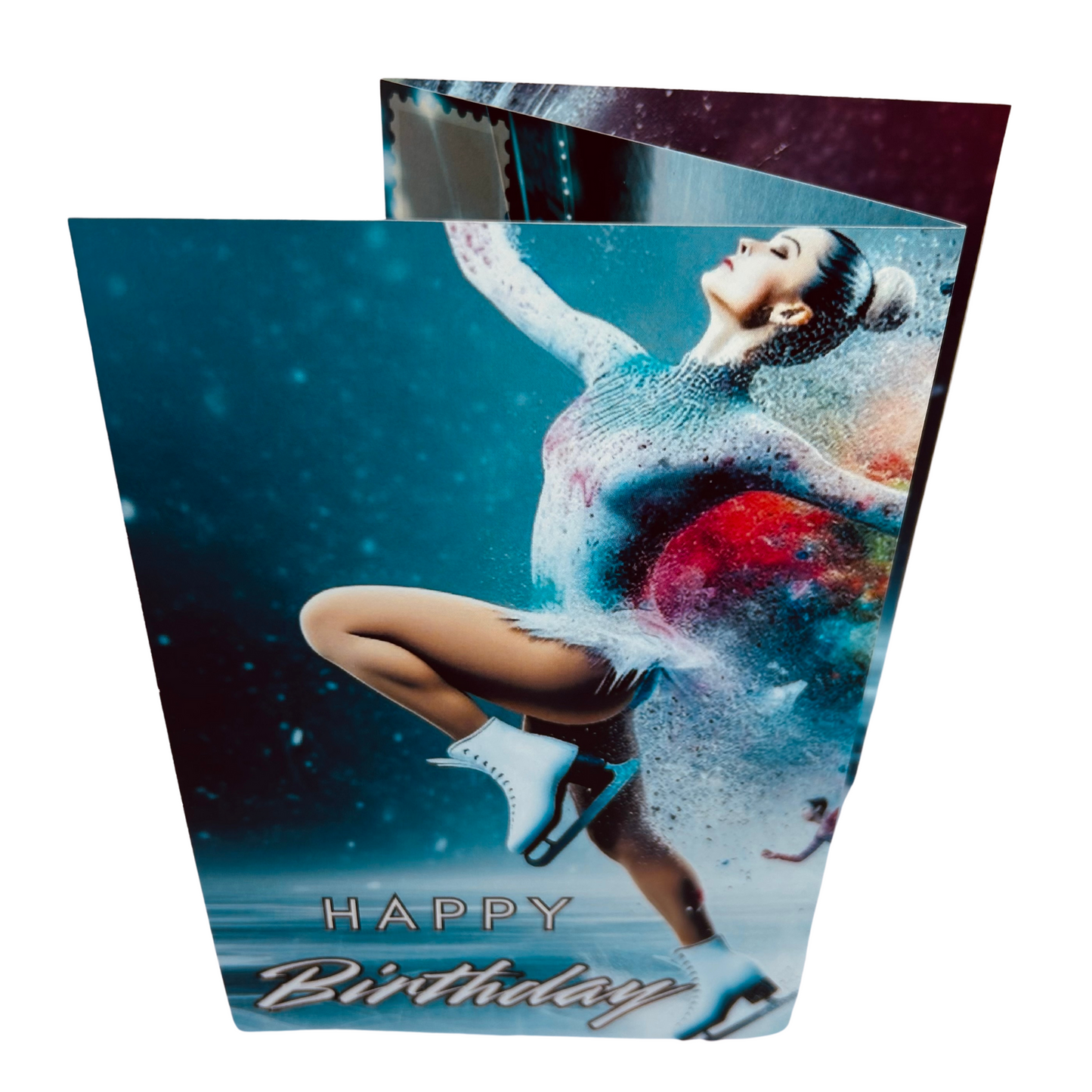 Trifold Female Ice Skating Birthday Card from the Push the Limit Range. Image shows the folded card depicting front with a dancing ice skater in white ice skating dress and white skates and a background of colouful paint splatters emerging from behind her. The caption reads 'Happy Birthday'.