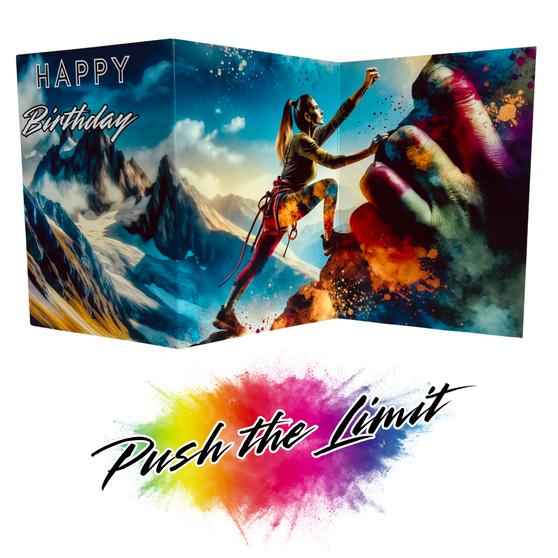 Main product image shows all three leaves of the trifold birthday card for Female Rockclimbing. Card opens out to show a  female rockclimber reaching up and scaling a multicoloured rock face with an abstract, rainbow hand  and paint splatters incorporated, all on a beautiful mountainous background . The caption on the card reads 'Happy Birthday'. Beneath this is the Push the Limit logo with the words displayed on a multicoloured paint splatter.