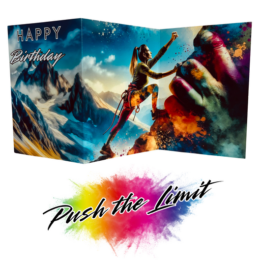Main product image shows all three leaves of the trifold birthday card for Female Rockclimbing. Card opens out to show a  female rockclimber reaching up and scaling a multicoloured rock face with an abstract, rainbow hand  and paint splatters incorporated, all on a beautiful mountainous background . The caption on the card reads 'Happy Birthday'. Beneath this is the Push the Limit logo with the words displayed on a multicoloured paint splatter.