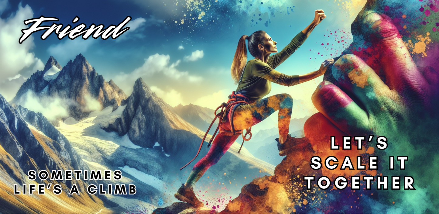 Bare Cards self-sealing Trifold Female friend Support Card featuring a woman mountaineering on an abstract background of rainbow paint splatters and the text "Friend Sometimes Life's a climb. Let's Scale it together".