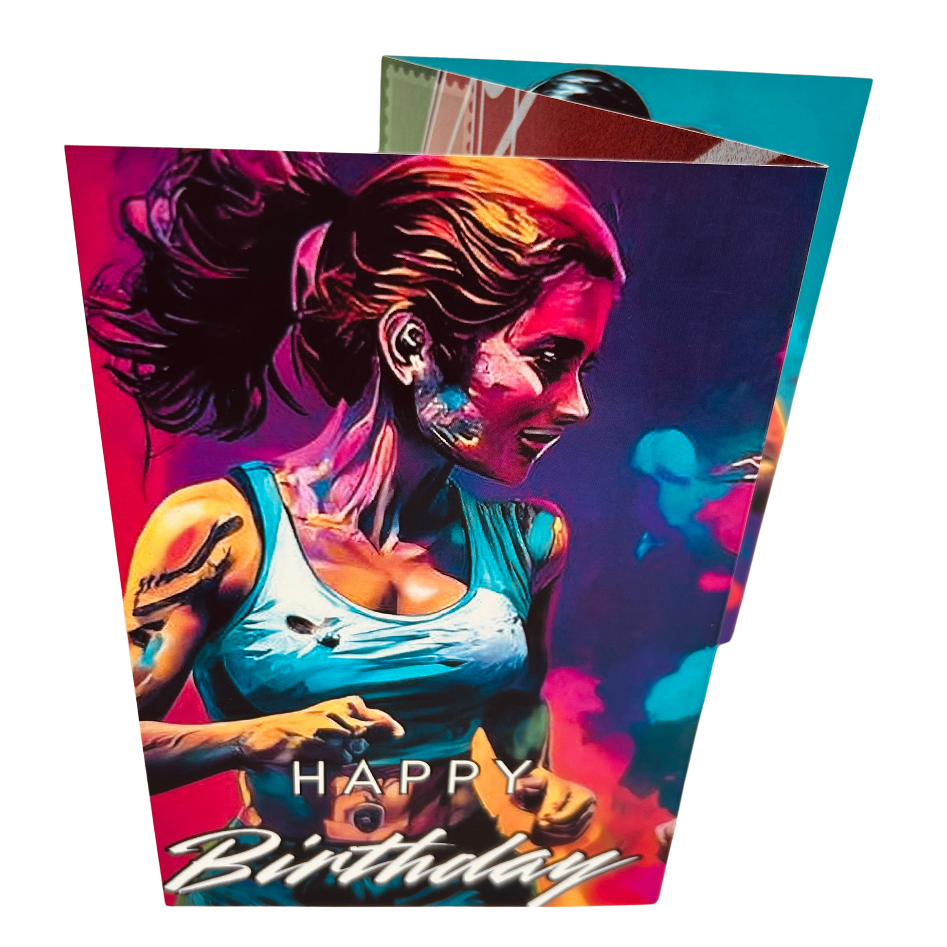 Trifold Running Birthday Card from the Push the Limit Range. Image shows the folded card depicting front with woman in running gear jogging depicted from head to waist and looking to her right and a background of colouful paint splatters. The caption reads 'Happy Birthday'.
