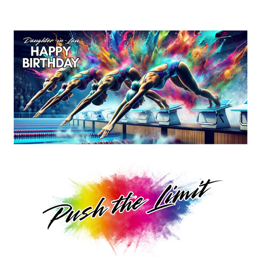 Trifold swimming birthday card for daughter-in-law featuring four women diving into a pool with rainbow splashes on a vibrant background; no envelope needed, eco-friendly design. Image also shows Bare Cards "Push the Limit" Logo.