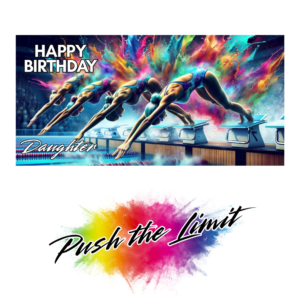 Trifold swimming birthday card for daughter featuring four women diving into a pool with rainbow splashes on a vibrant background; no envelope needed, eco-friendly design. Image also shows Bare Cards "Push the Limit" Logo.