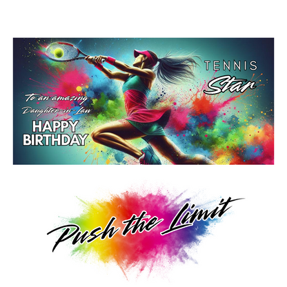 Bare Cards self-sealing Trifold birthday card for daughter-in-law tennis player featuring a woman lunging to hit the ball on a background of rainbow paint splatters and the text "To an amazing Daughter-in-Law Happy Birthday Tennis Star!".  Image also shows Bare Cards "Push the Limit" Logo.
