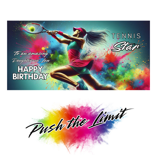 Bare Cards self-sealing Trifold birthday card for daughter-in-law tennis player featuring a woman lunging to hit the ball on a background of rainbow paint splatters and the text "To an amazing Daughter-in-Law Happy Birthday Tennis Star!".  Image also shows Bare Cards "Push the Limit" Logo.