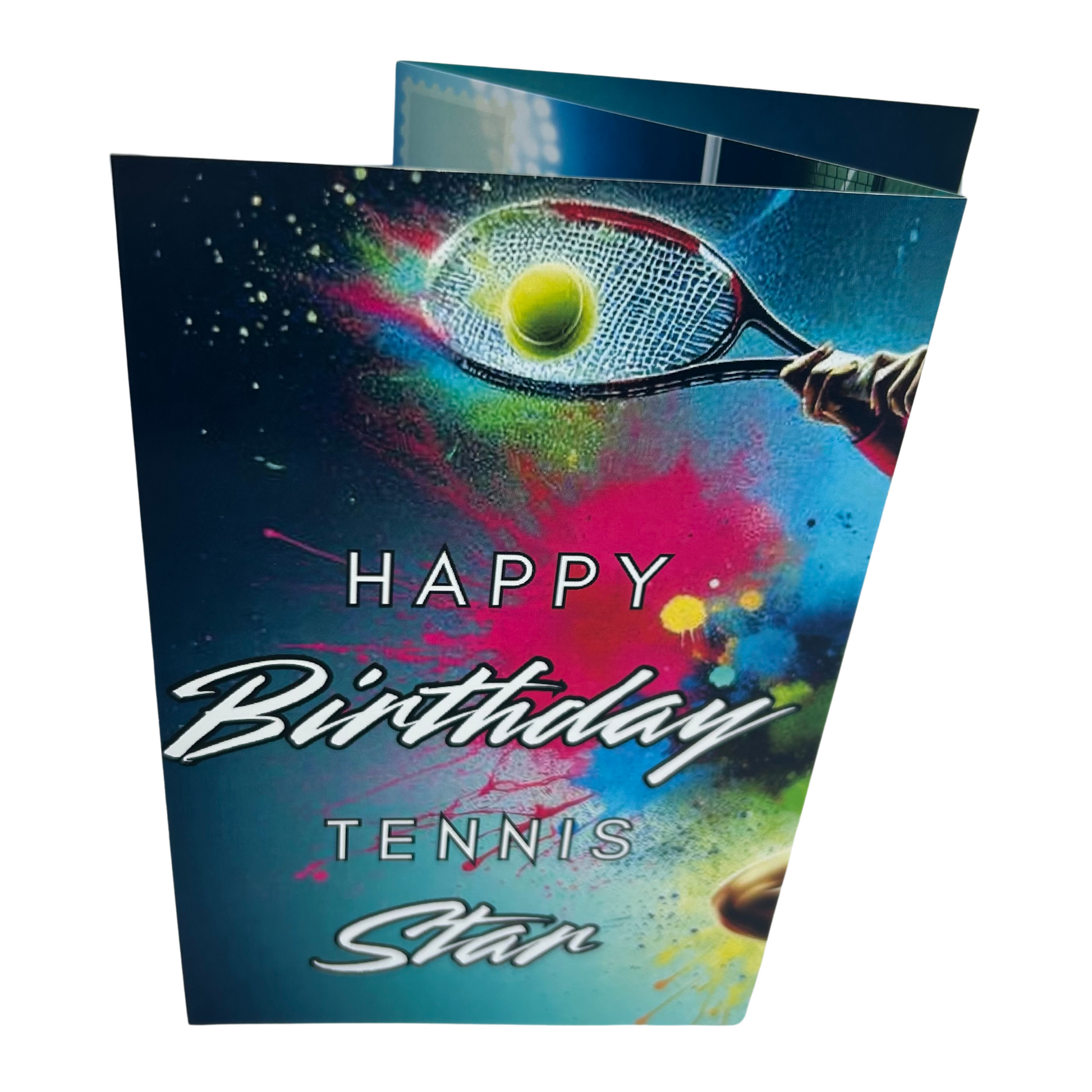 Trifold Female Tennis Birthday Card from the Push the Limit Range. Image shows the folded card depicting front with tennis racket and ball at the top and a background of colouful paint splatters. The caption reads 'Happy Birthday Tennis Star'.