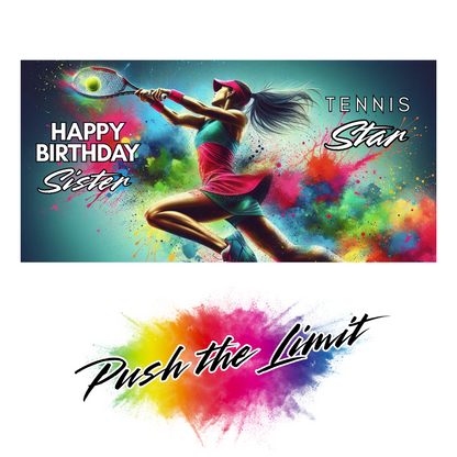 Bare Cards self-sealing Trifold birthday card for sister tennis player featuring a woman lunging to hit the ball on a background of rainbow paint splatters and the text "Happy Birthday Sister Tennis Star!".  Image also shows Bare Cards "Push the Limit" Logo.