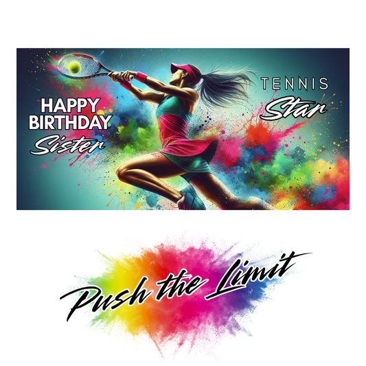 Bare Cards self-sealing Trifold birthday card for sister tennis player featuring a woman lunging to hit the ball on a background of rainbow paint splatters and the text "Happy Birthday Sister Tennis Star!".  Image also shows Bare Cards "Push the Limit" Logo.