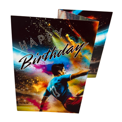 Trifold Football Birthday Card from the Push the Limit Range. Image shows the folded card depicting front with a man in blue shirt and red shorts sliding in for a tackle in a football stadium and a background of colouful paint splatters. The caption reads 'Happy Birthday'.