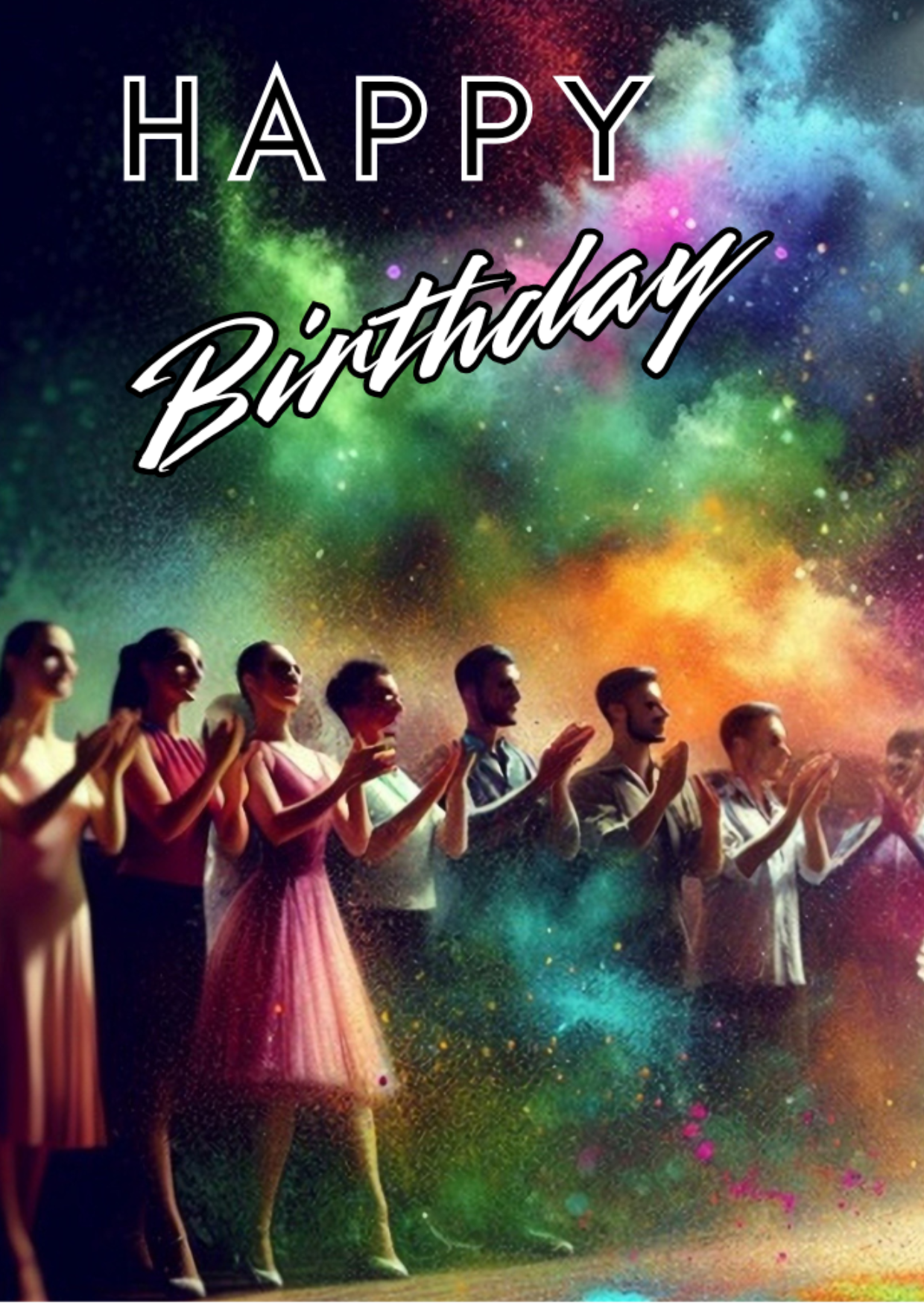 Trifold Dancing Birthday Card from the Push the Limit Range. Image shows the front page of the card with dancers watching on applauding on a background of colourful paint splatters. The caption reads 'Happy Birthday'.