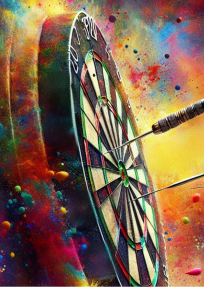 Trifold Darts Birthday Card from the Push the Limit Range. Image shows the front page of the card with a large dart board filling the page and the darts just visible about to enter the board on a background of colourful paint splatters. 