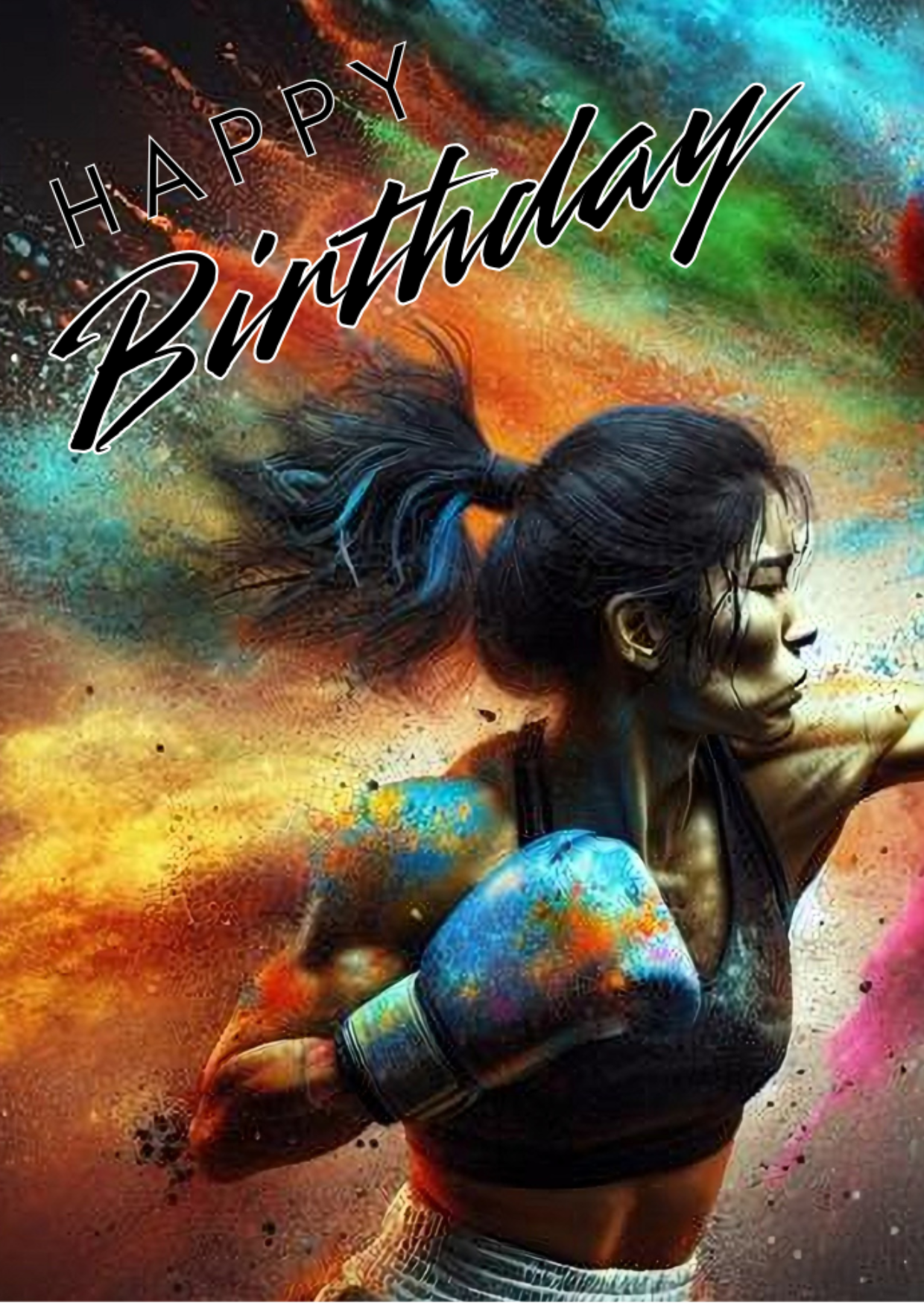 Trifold Female Boxing Birthday Card from the Push the Limit Range. Image shows the front page of the card with female boxer throwing a strong left punch off the picture on a background of colourful paint splatters. The caption reads 'Happy Birthday'.