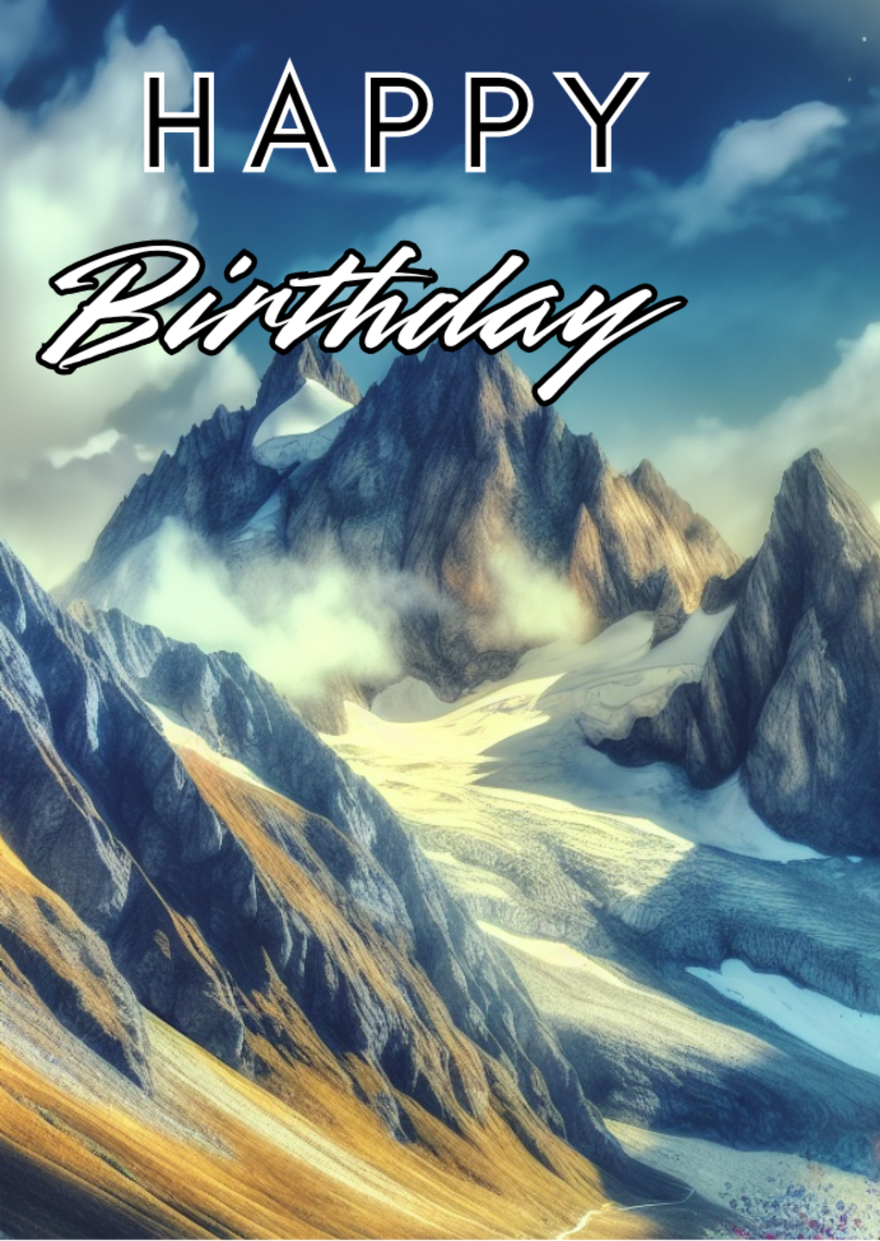 Trifold Male Rock Climbing Birthday Card from the Push the Limit Range. Image shows the front page of the card with vast  mountains covered in snow and mist in blue and yellow hues and a clear blue sky. The caption reads 'Happy Birthday'.