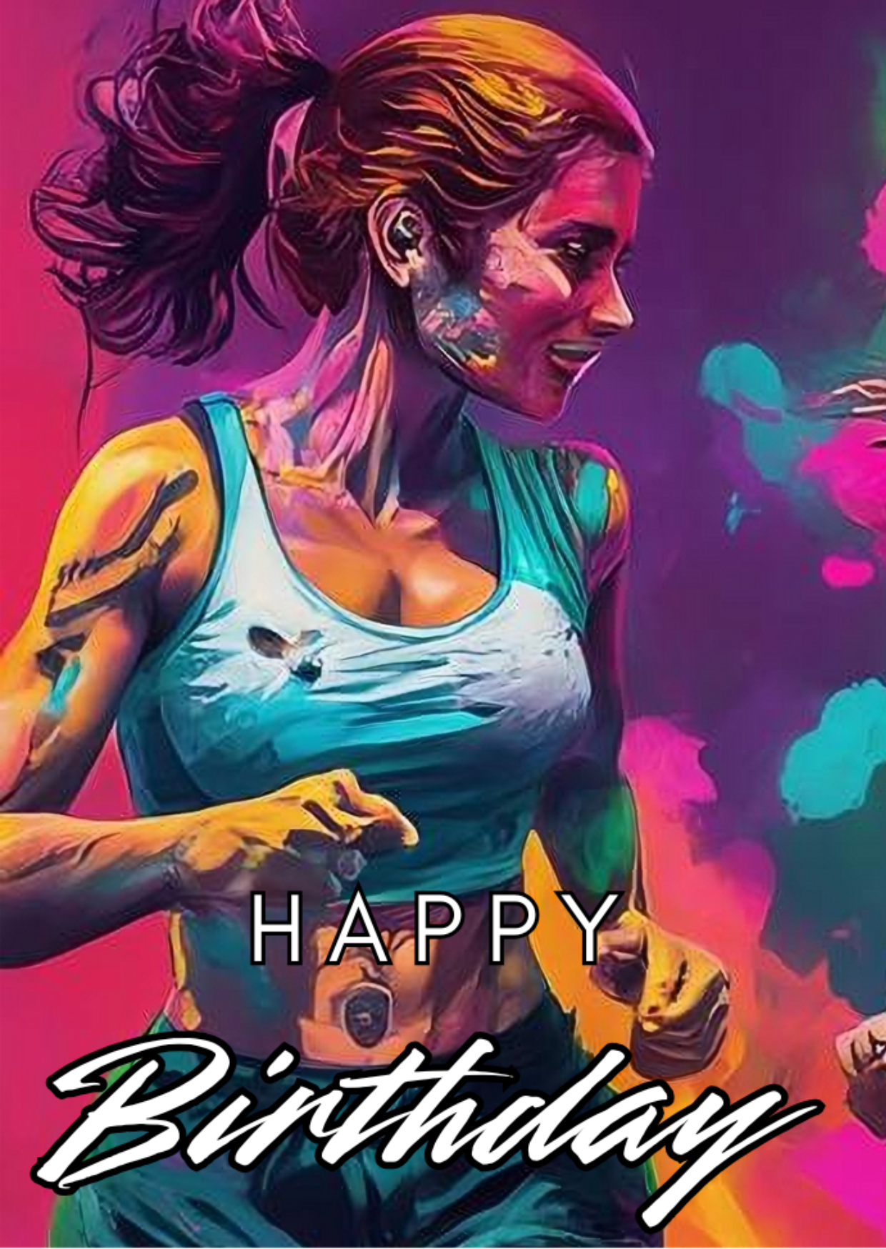 Trifold Female Runner Birthday Card from the Push the Limit Range. Image shows the front page of the card with woman running and looking over the the right at fellow runners, dressed in running gear on a background of colourful paint splatters. The caption reads 'Happy Birthday'.