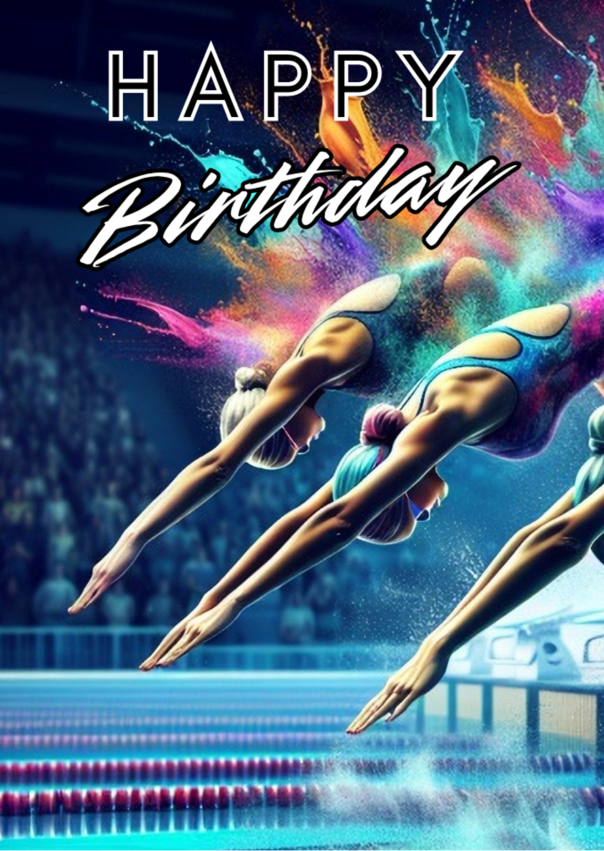 Trifold Female Swimmer Birthday Card from the Push the Limit Range. Image shows the front page of the card with three women diving into the laned swimming pool about to start a race with a background of colourful paint splatters. The caption reads 'Happy Birthday'.