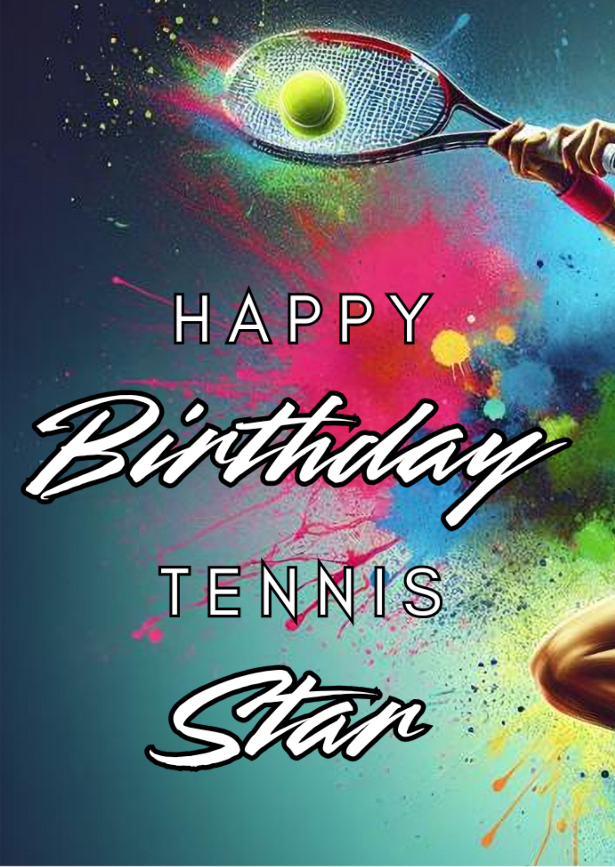 Trifold Female Tennis Birthday Card from the Push the Limit Range. Image shows the front page of the card with a tennis player who is off the right smashing the ball with the racket on a background of colourful paint splatters. The caption reads 'Happy Birthday'.