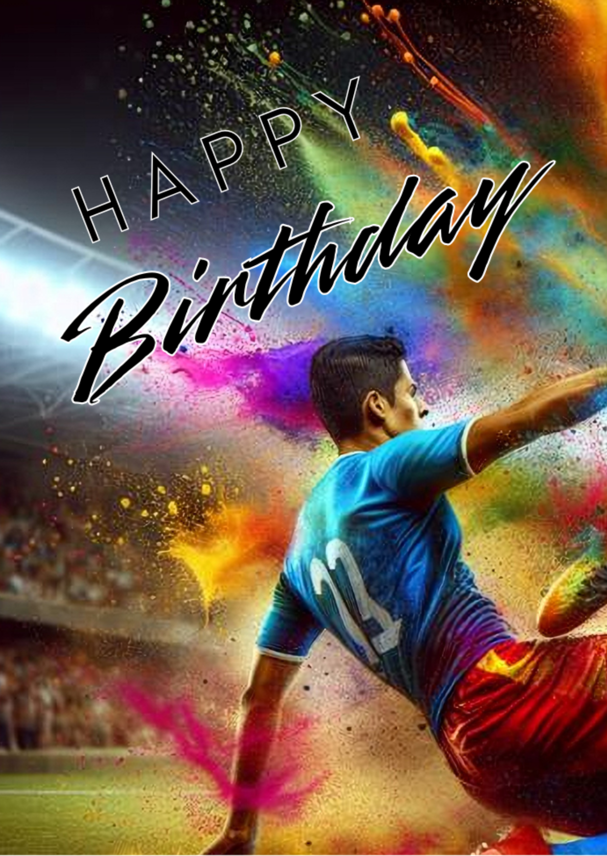 Trifold Football Birthday Card from the Push the Limit Range. Image shows the front page of the card with a footballer in a blue shirt and red shorts sliding in for a tackle on a stadium background of colourful paint splatters. The caption reads 'Happy Birthday'.