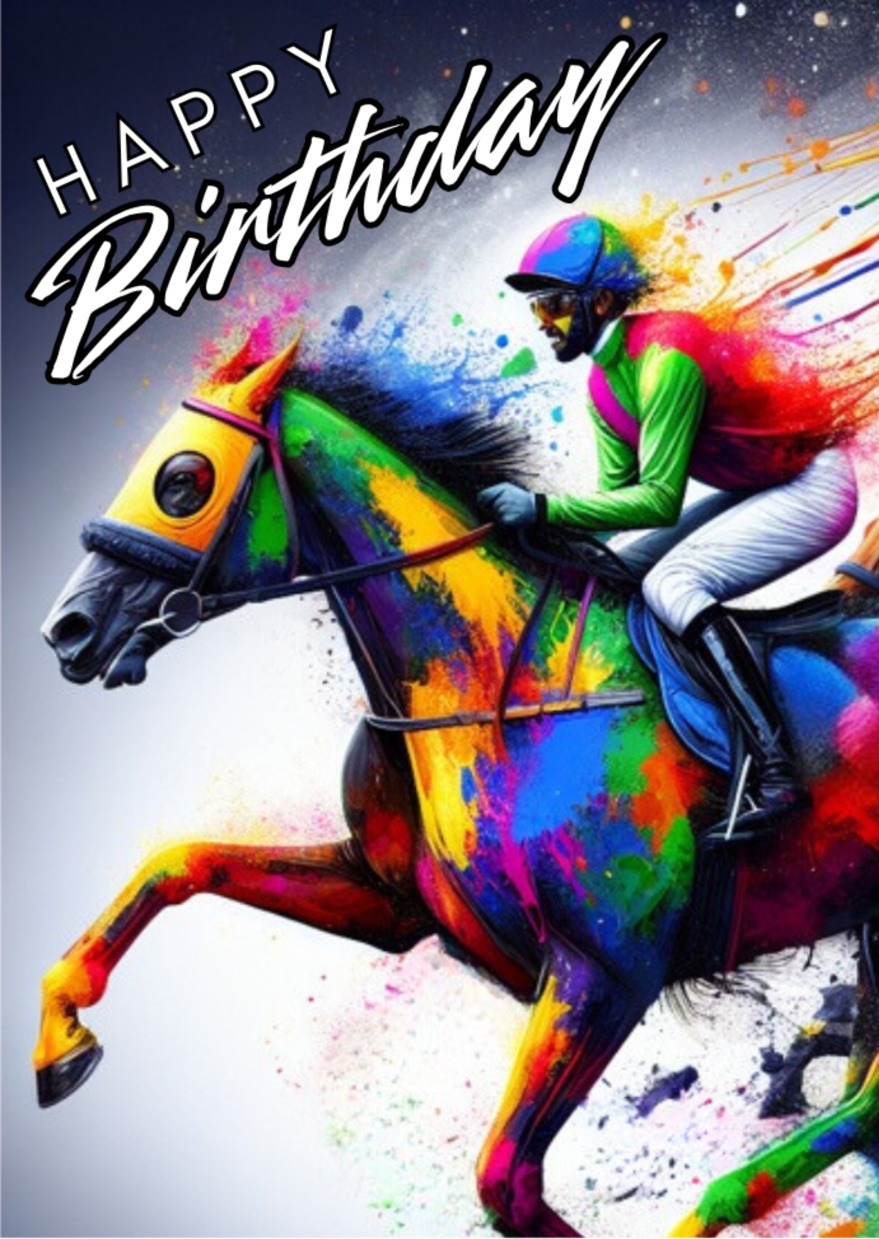 Trifold Horse Racing Birthday Card from the Push the Limit Range. Image shows the front page of the card with a jockey in multicoloured riding gear racing a black horse which is covered in colourful paint splatters. The caption reads 'Happy Birthday'. 
