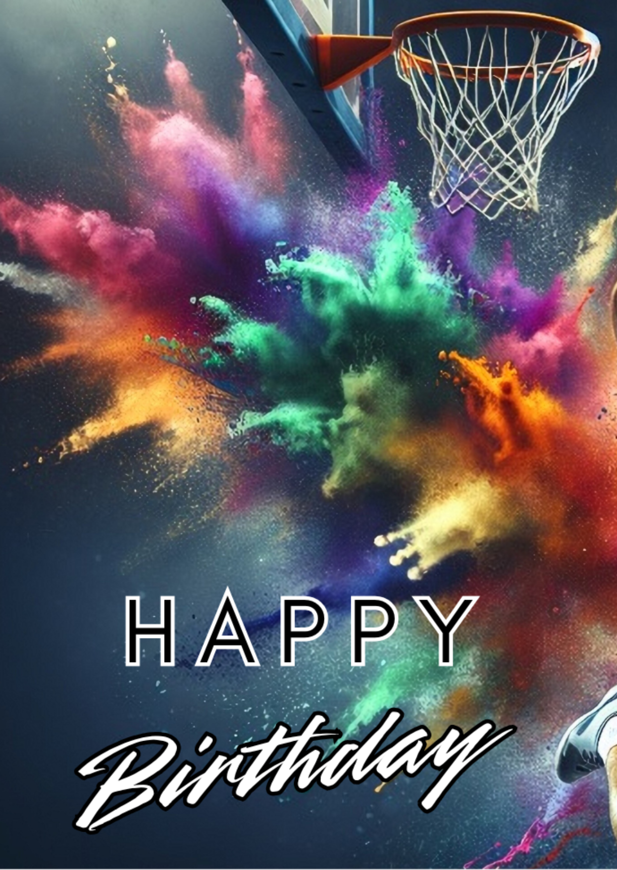 Trifold Male Basketball Birthday Card from the Push the Limit Range. Image shows the front page of the card with a basketball net at the top on a background of colourful paint splatters. The caption reads 'Happy Birthday'.