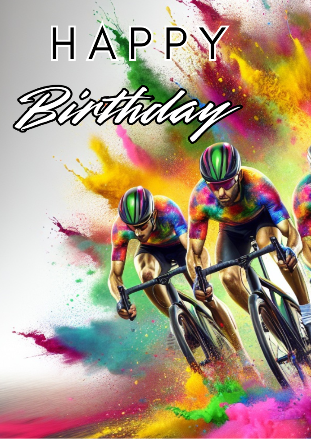 Trifold Male Cycling Birthday Card from the Push the Limit Range. Image shows the front page of the card with two cyclists racing against each other on a background of colourful paint splatters. The caption reads 'Happy Birthday'.