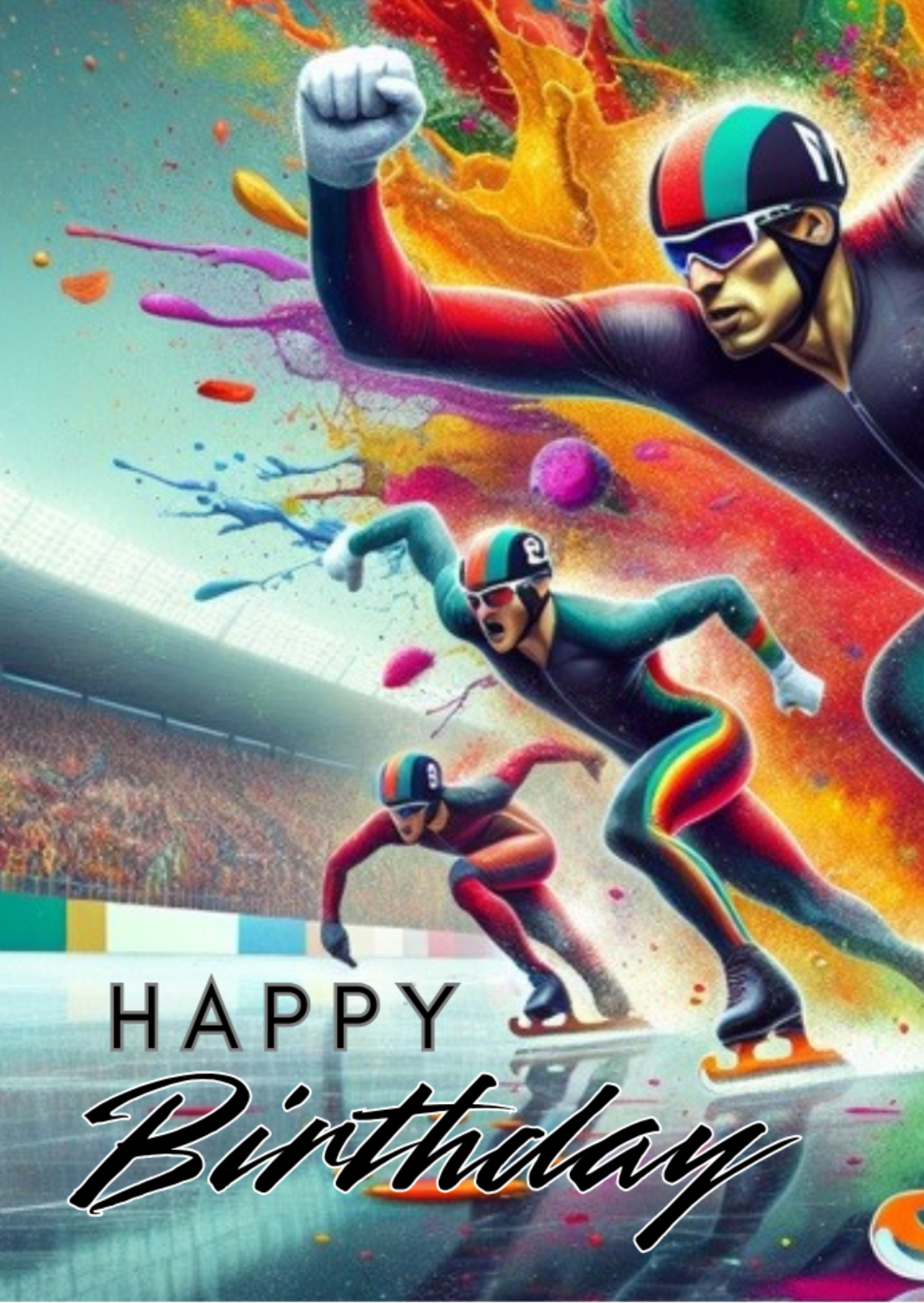 Trifold Male Ice Skating Birthday Card from the Push the Limit Range. Image shows the front page of the card with three speedskaters in colourful suits and goggles race across the ice rink on a background of colourful paint splatters whilst the audience look on. The caption reads 'Happy Birthday'.