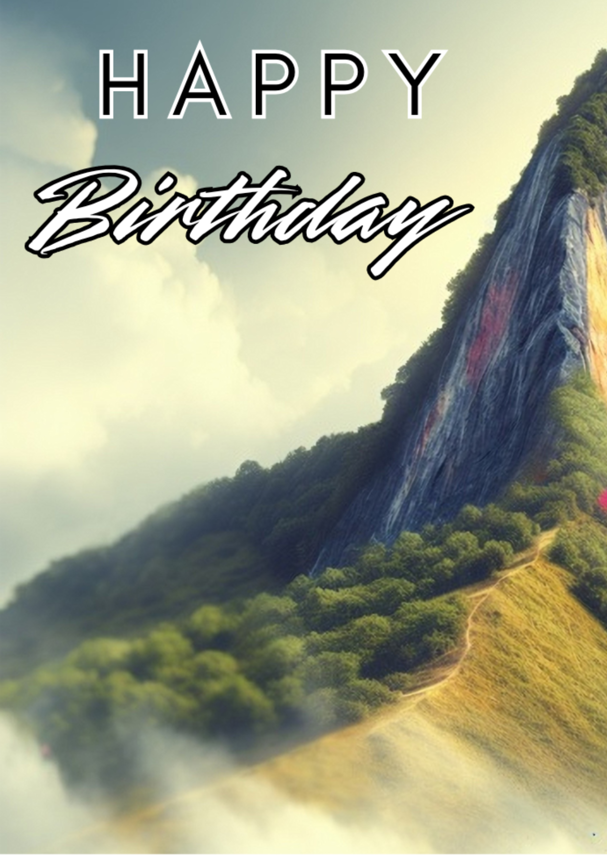 TrifoldFemale Rock Climbing Birthday Card from the Push the Limit Range. Image shows the front page of the card with vast rock mountainside covered in trees below and mist in green hues. The caption reads 'Happy Birthday'.