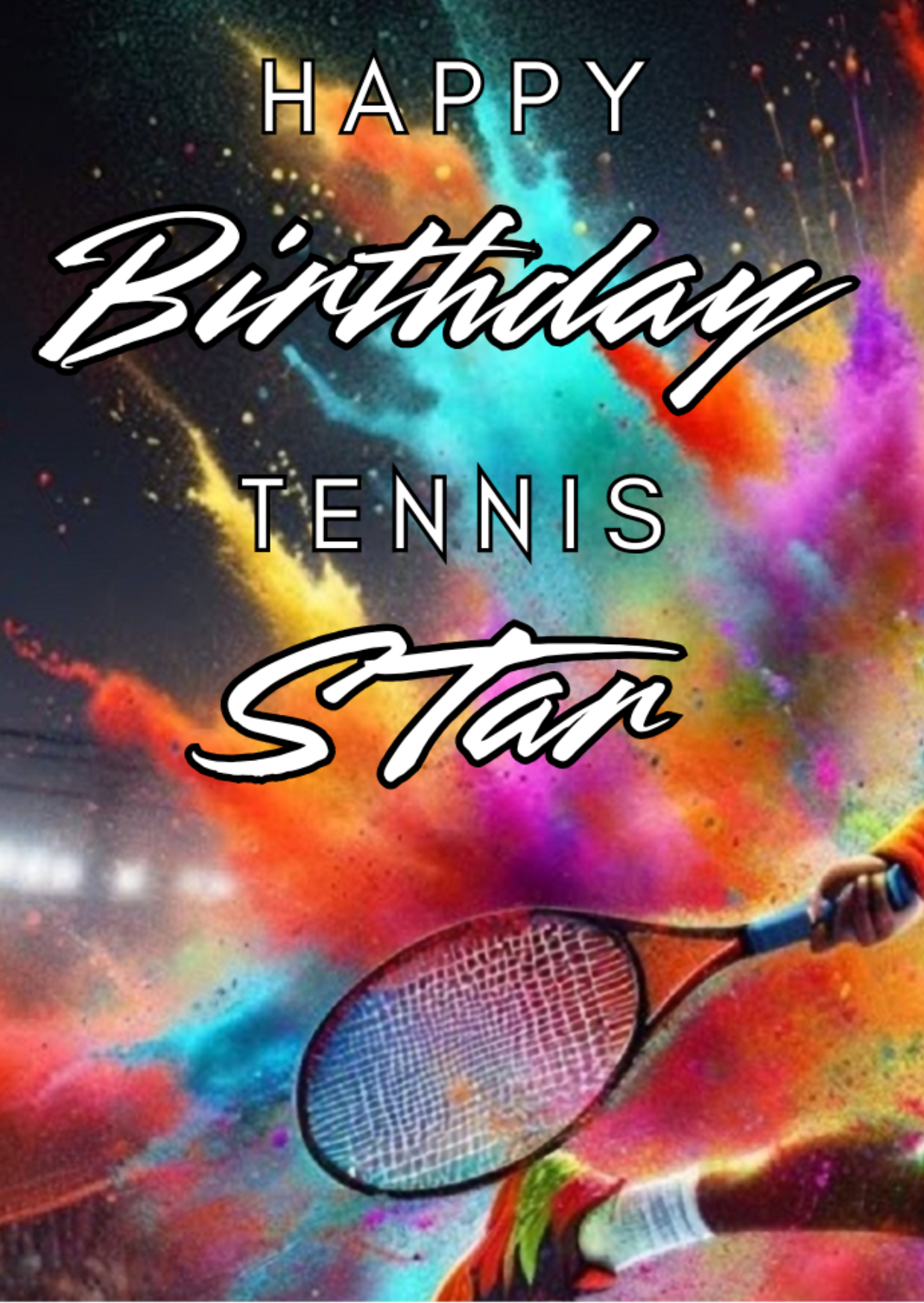 Trifold Male Tennis Birthday Card from the Push the Limit Range. Image shows the front page of the card with tennis racket coming in from the right on a background of colourful paint splatters. The caption reads 'Happy Birthday Tennis Star'.