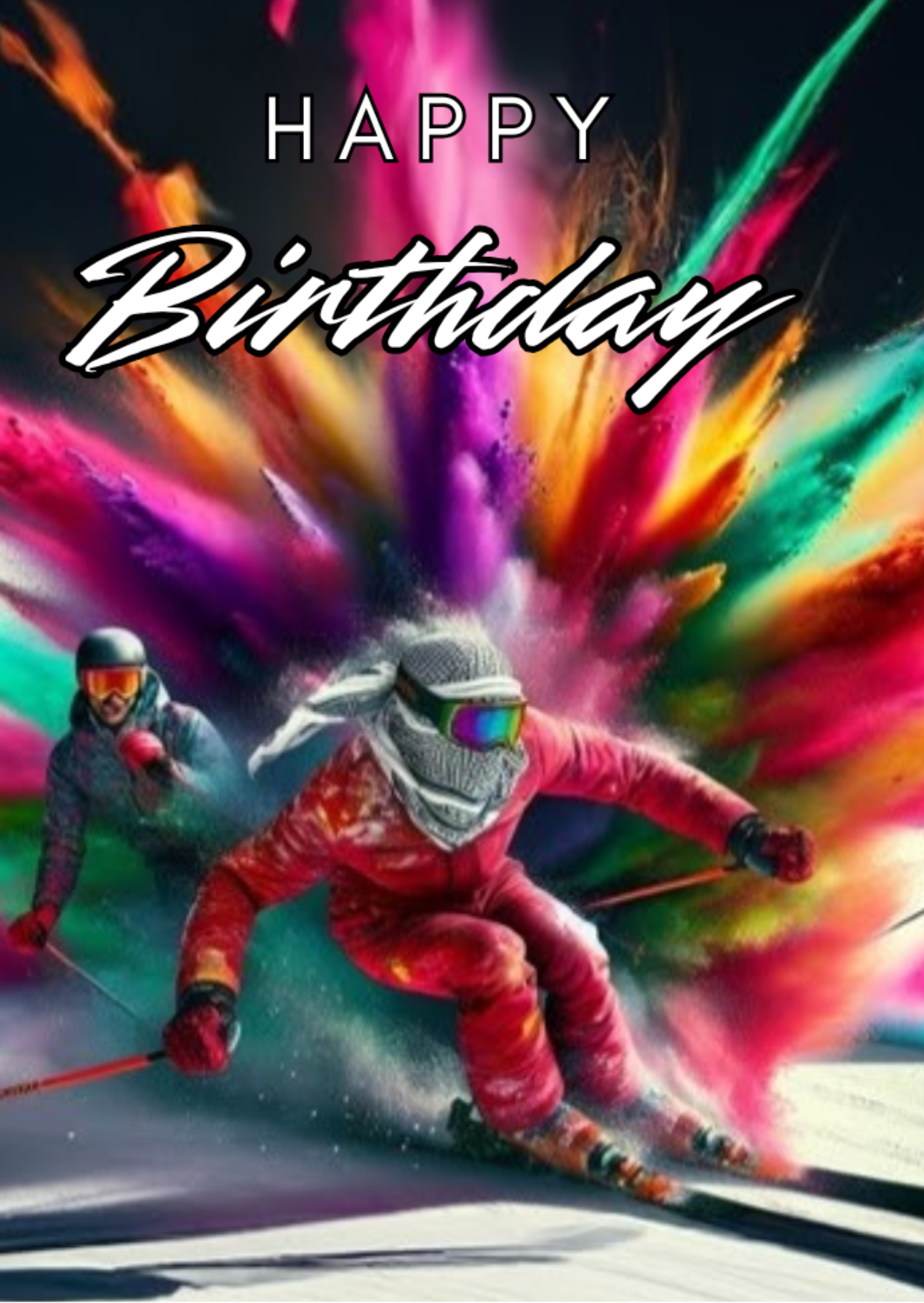 Trifold Skiing Birthday Card from the Push the Limit Range. Image shows the front page of the card with two people racing on the snow at speed on a background of a colourful paint splatter exploding from behind them. The caption reads 'Happy Birthday'.