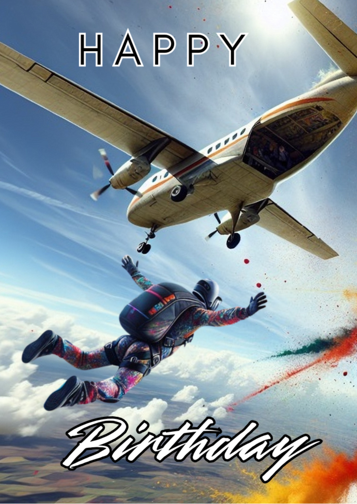 Trifold Sky Diving Birthday Card from the Push the Limit Range. Image shows the front page of the card with sky diver in a multicolured jump suit having just jumped out of a small plane with fields far below and colourful paint splatters emerging from the right. The caption reads 'Happy Birthday'.