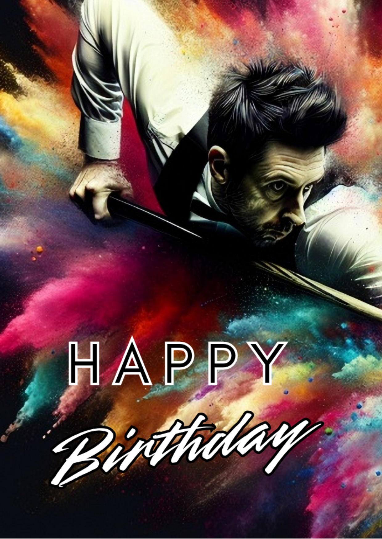 Trifold Snooker Birthday Card from the Push the Limit Range. Image shows the front page of the card with a snooker player in tuxedo concentrating on taking aim at a pot on a background of colourful paint splatters. The caption reads 'Happy Birthday'.