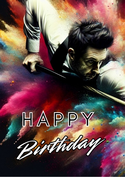 Trifold Snooker Birthday Card from the Push the Limit Range. Image shows the front page of the card with a snooker player in tuxedo concentrating on taking aim at a pot on a background of colourful paint splatters. The caption reads 'Happy Birthday'.