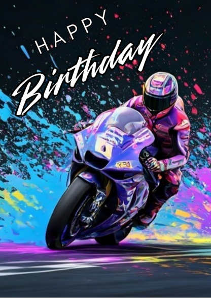 Trifold Superbikes Birthday Card from the Push the Limit Range. Image shows the front page of the card with racer on a purple superbike about to cross the finish line on a background of colourful paint splatters. The caption reads 'Happy Birthday'.