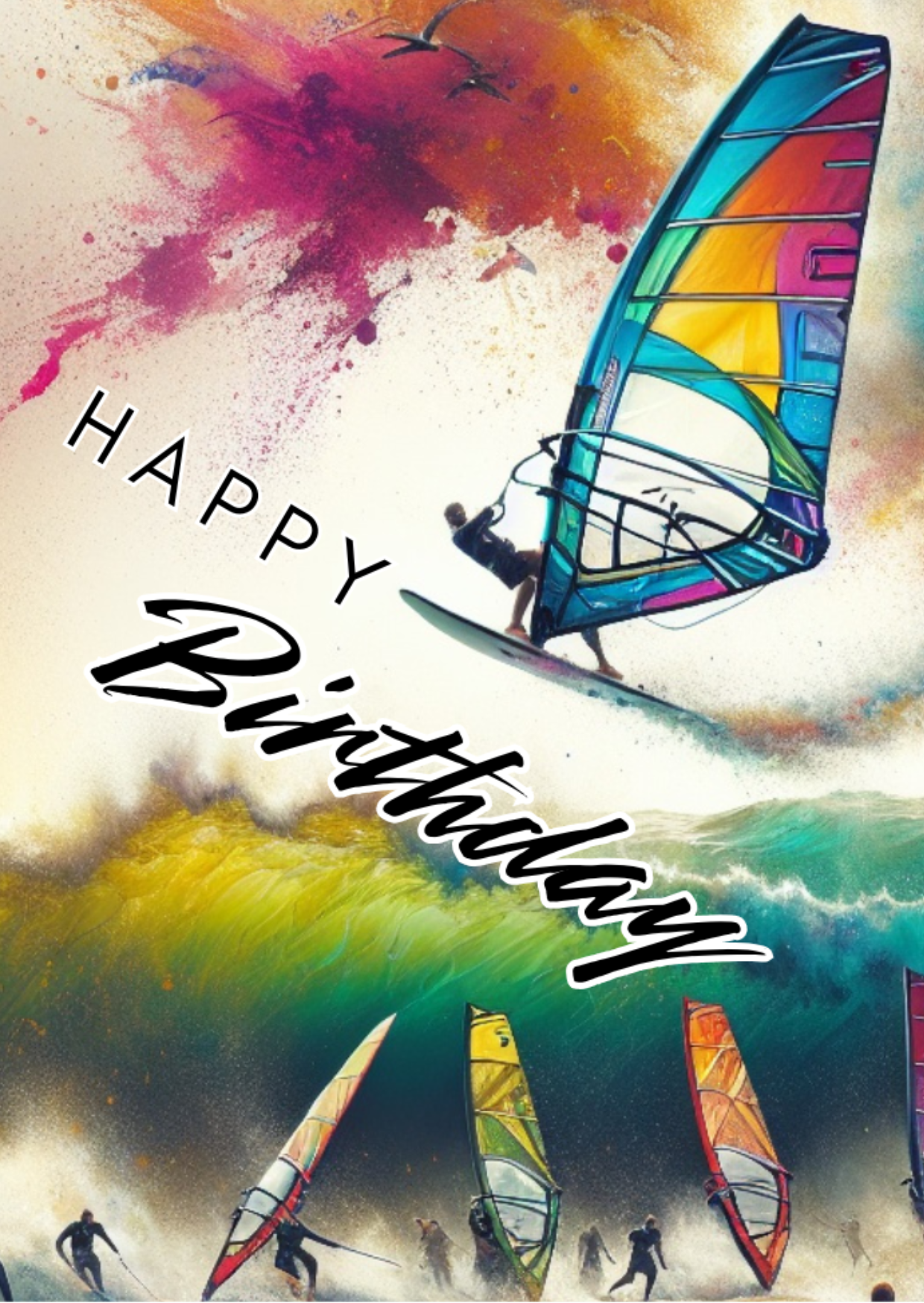 Trifold Windsurfing Birthday Card from the Push the Limit Range. Image shows the front page of the card with windsurfer riding the waves on a background of colourful paint splatters whilst other windsurfers look on. The caption reads 'Happy Birthday'.