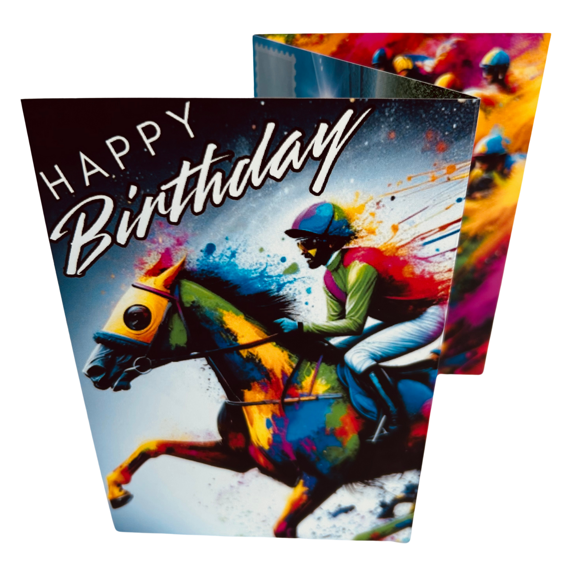 Trifold Horse Racing Birthday Card from the Push the Limit Range. Image shows the folded card depicting front with jockey on a multicoloured horse speeding on a black background and  colouful paint splatters. The caption reads 'Happy Birthday'.