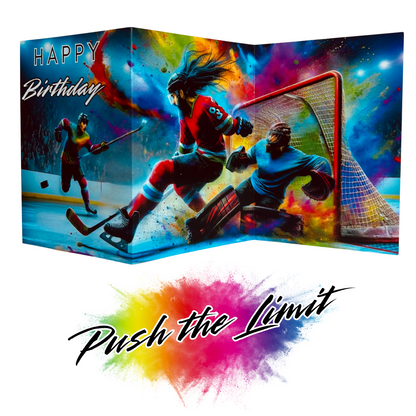 Main product image shows all three leaves of the trifold birthday card for 
Ice Hockey. Card shows an ice hockey player in a red shirt saving a goal shot in by another player skating forward in front of the goalie on a background of colourful paint splatters. The caption on the card reads 'Happy Birthday'. Beneath this is the Push the Limit logo with the words displayed on a multicoloured paint splatter.