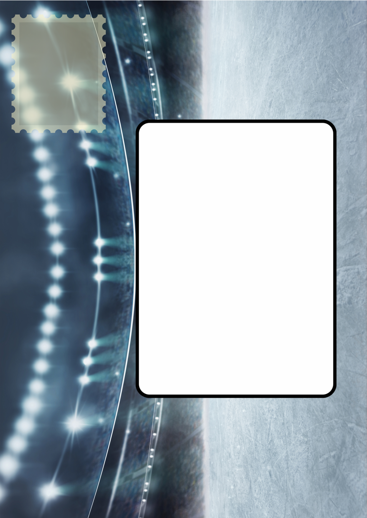 Image shows the front posting cover for the Bare Cards Push the Limit Tri-fold Ice rink Birthday Cards. There is a clear white rectangle for the purchaser to write the name or address of the recipient and an image to affix the stamp to. This is on a full colour image of an ice rink.