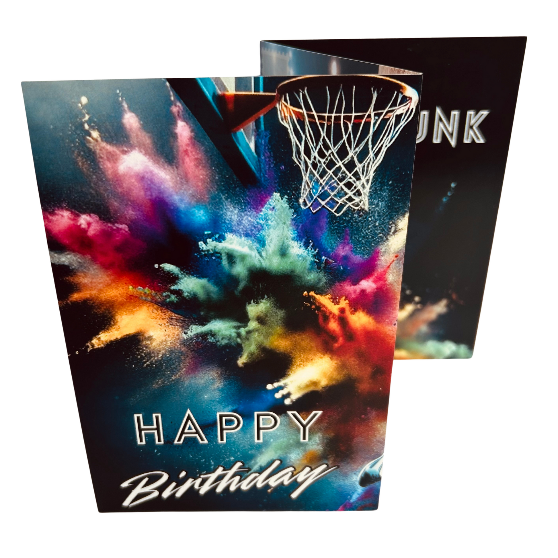 Trifold Male Basketball Birthday Card from the Push the Limit Range. Image shows the folded card depicting front with basketball hoop in top right hand corner and a background of colouful paint splatters. The caption reads 'Happy Birthday'.