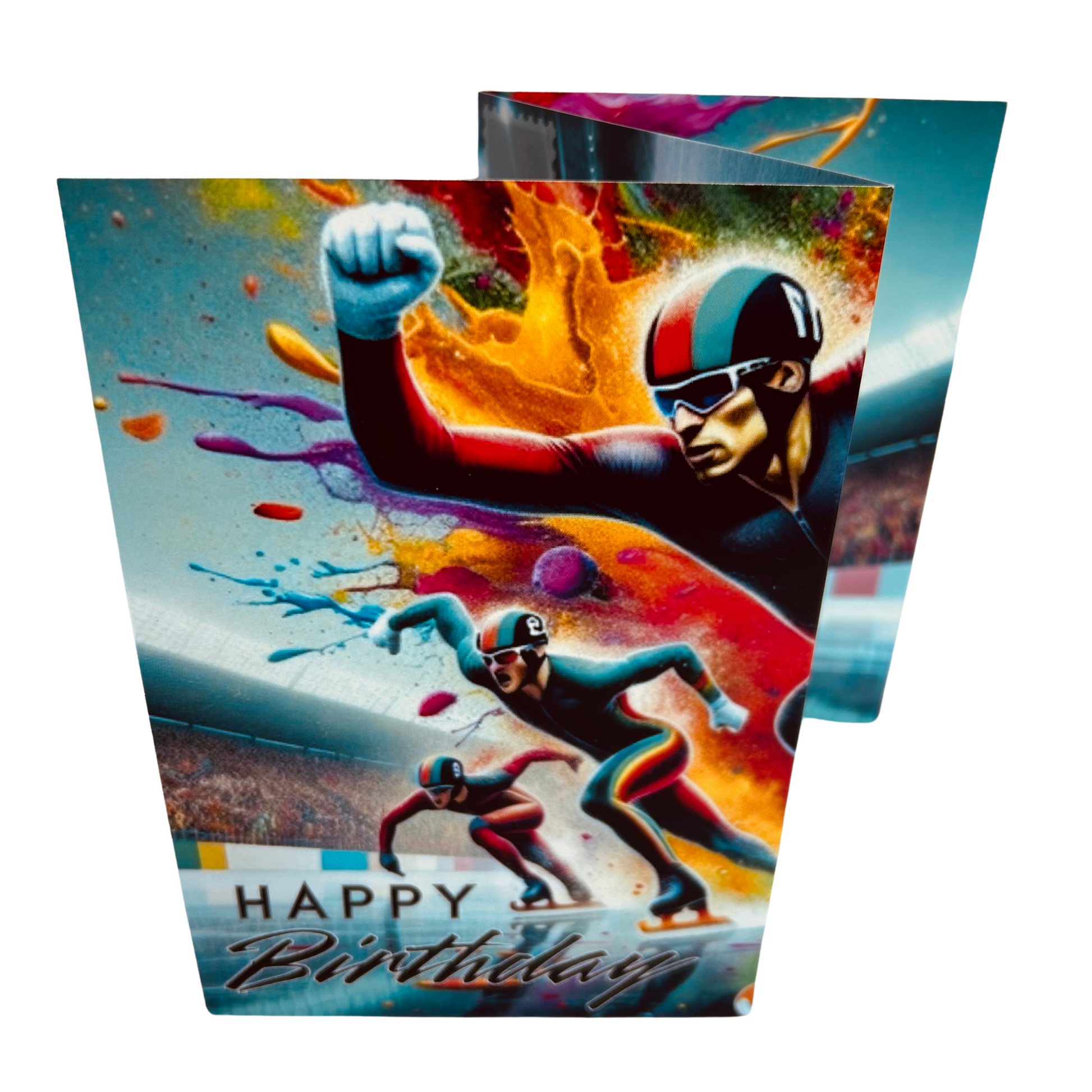 Trifold Male Ice Skating Birthday Card from the Push the Limit Range. Image shows the folded card depicting front with three speedskaters in colourful suits racing across and ice rink in front of an audience and a background of colouful paint splatters. The caption reads 'Happy Birthday'.