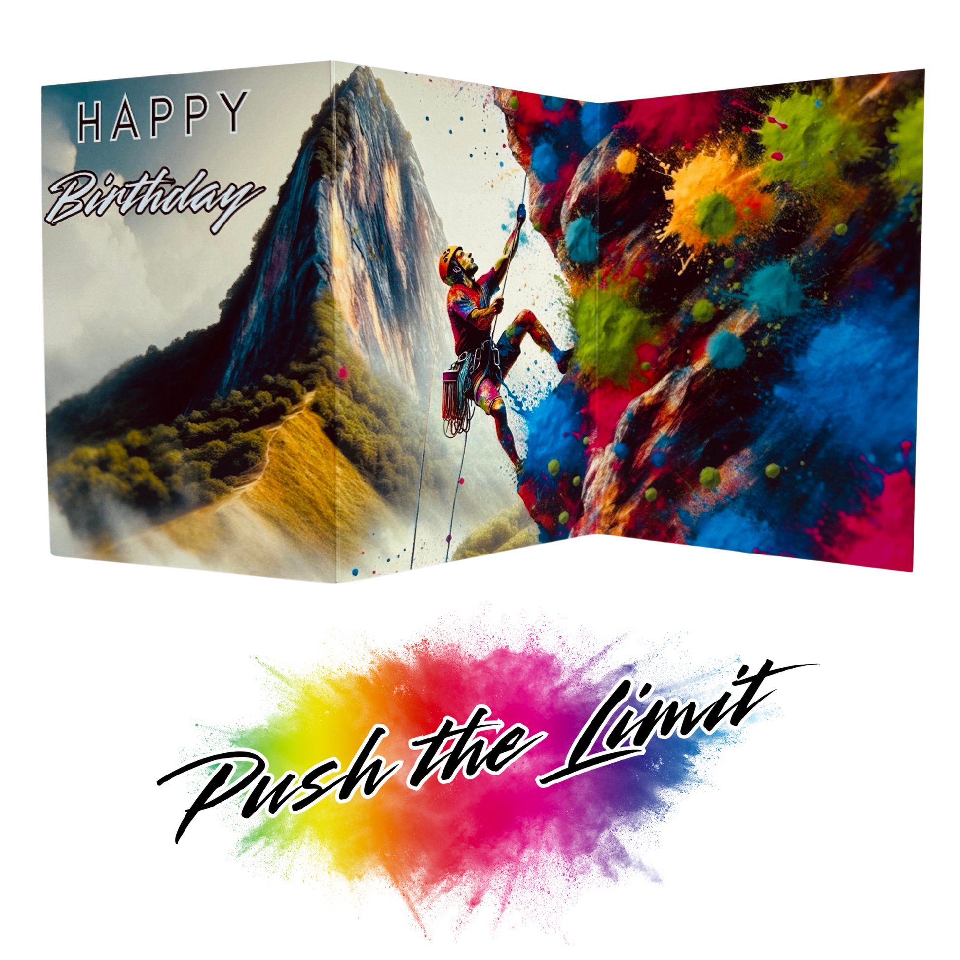 Main product image shows all three leaves of the trifold birthday card for Male Rockclimbing. Card opens out to show a  male rockclimber reaching up and holding a rope, scaling a multicoloured rock face with paint splatters incorporated, all on a beautiful mountainous background . The caption on the card reads 'Happy Birthday'. Beneath this is the Push the Limit logo with the words displayed on a multicoloured paint splatter.