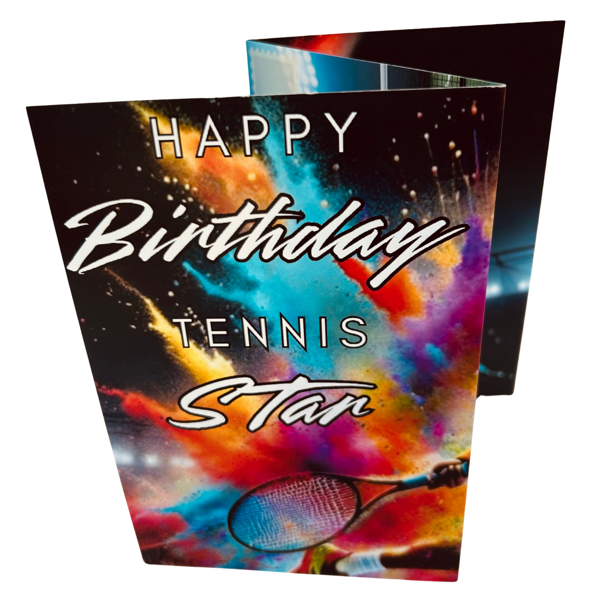Trifold Male Tennis Birthday Card from the Push the Limit Range. Image shows the folded card depicting front with tennis racket at the bottom and a background of colouful paint splatters. The caption reads 'Happy Birthday Tennis Star'.